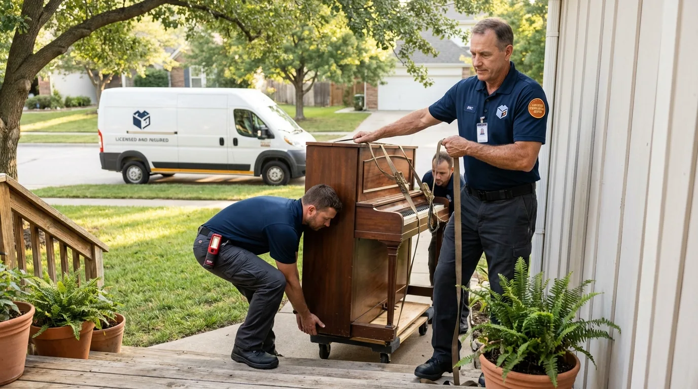 Licensed piano movers securing grand piano in San Clemente, CA