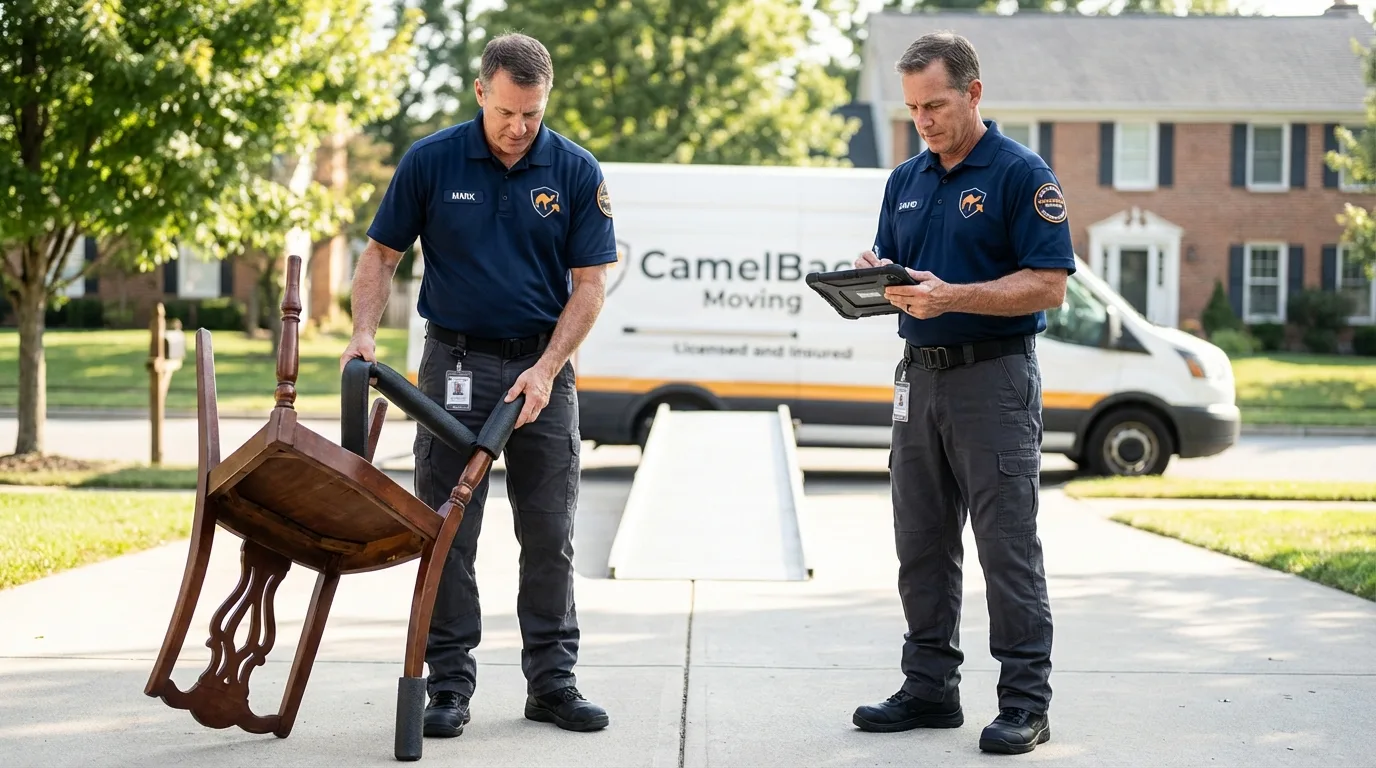 Movers inspecting furniture for damage prevention before loading in San Clemente, CA
