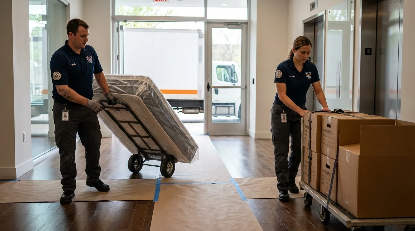 Professional apartment movers loading elevator in San Clemente, CA
